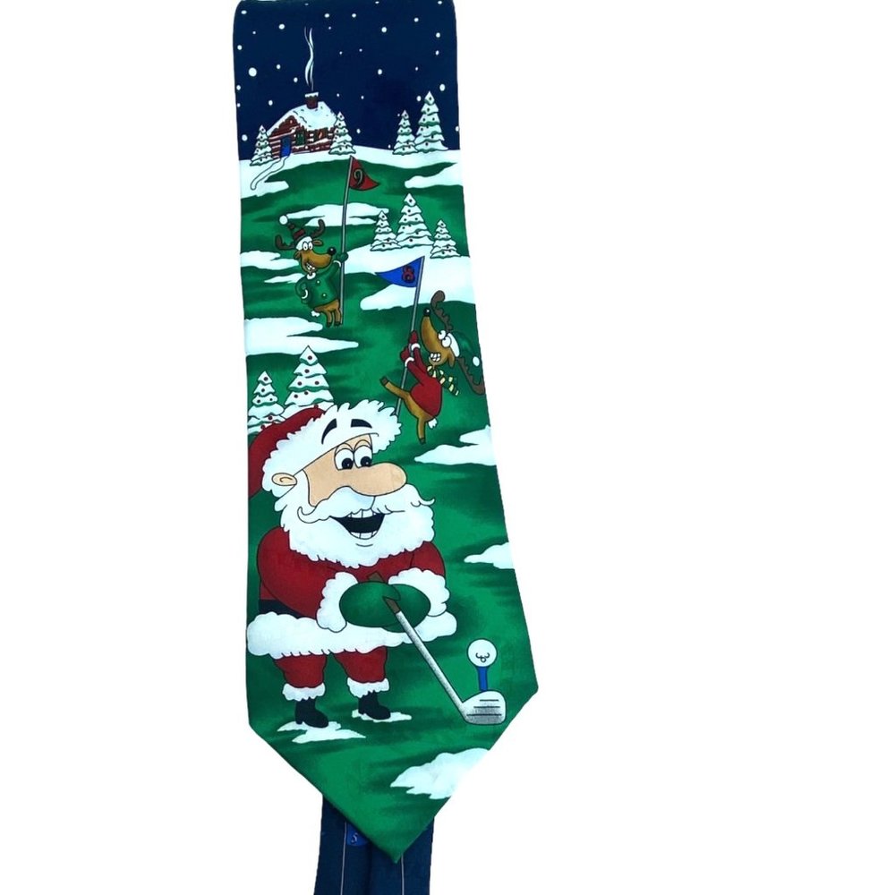 Hallmark Yule Tie Greetings Santa Claus Golfing Novelty Christmas Necktie OS